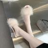 Women Summer Outdoor Fashion Slippers Square Toe High Heels Office Ladies Feather Slides Chic Classics Furry Shoes