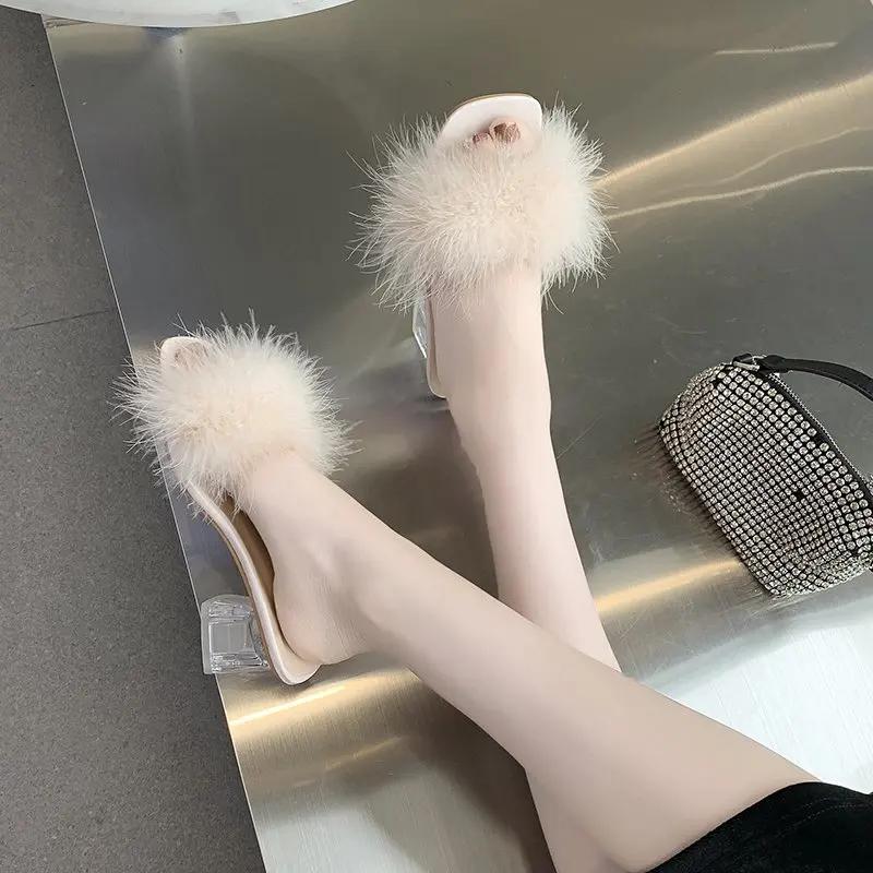 Women Summer Outdoor Fashion Slippers Square Toe High Heels Office Ladies Feather Slides Chic Classics Furry Shoes