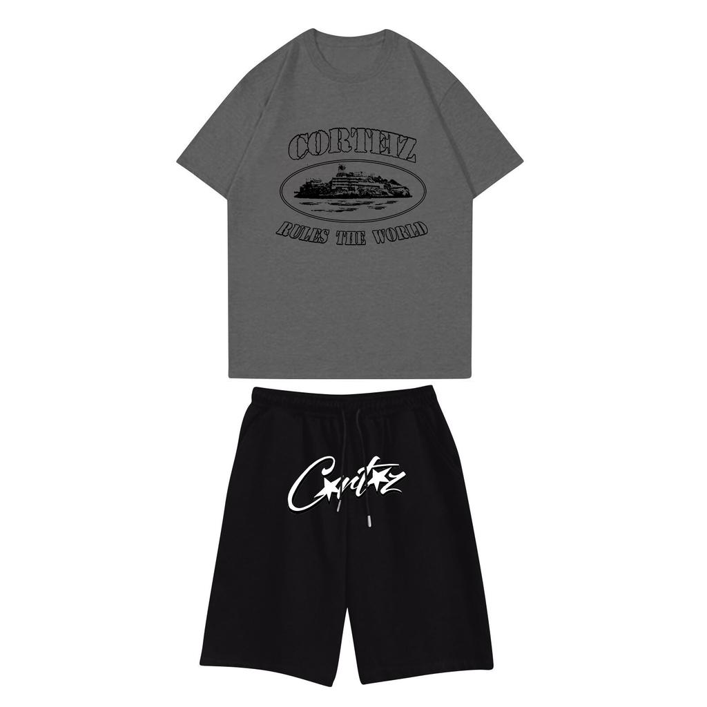 Unisex Jogging Set Summer Casual Printed Round Neck Short Sleeve T-Shirt + Shorts Set Sports Suit