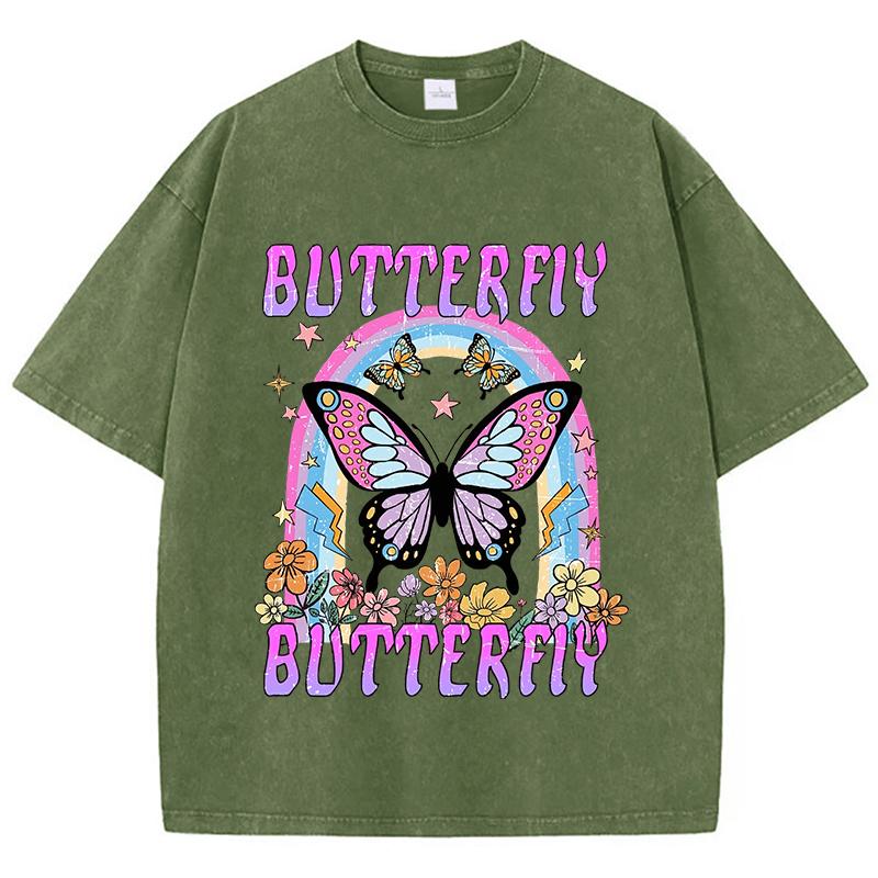 Oversized Women Washed T-Shirts Rainbow And Butterfly Printed Tee Shirts Cotton Crewneck Oversize Tees Vintage Clothes