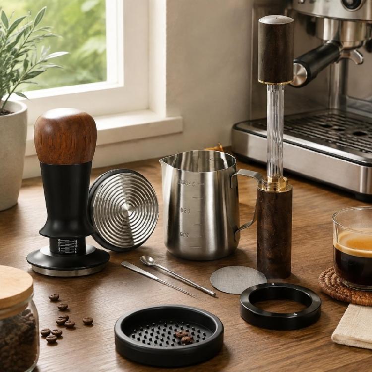 Coffee Use Starter Set with Metal Tamper, Milk Pouring Pitcher, Grounds Distributor and Dosing Guide Support for Home Counter Area