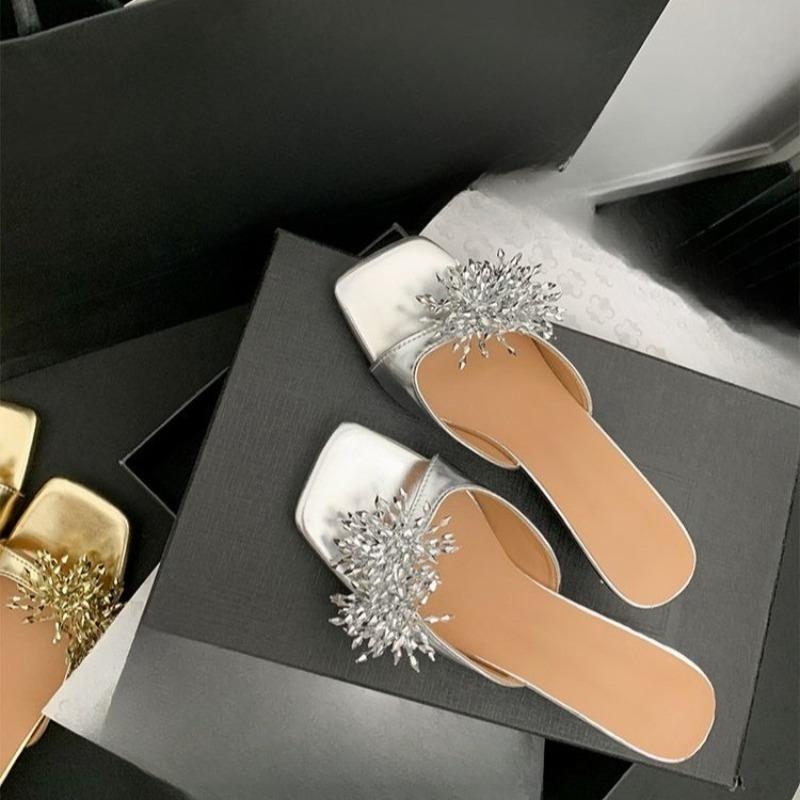 Fashion Summer New French Rhinestone Flower Block Heel Slippers for Women Open Toe Non-slip High Heel Slippers