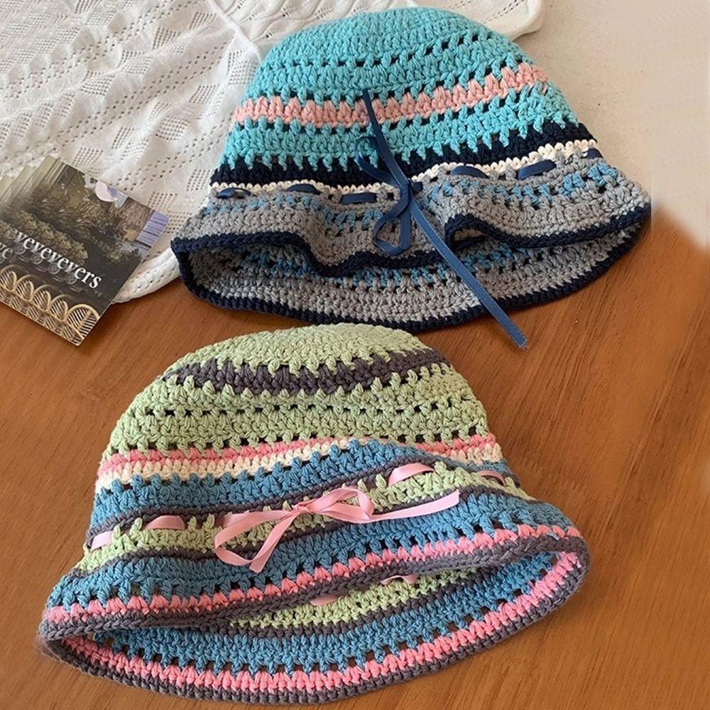 Handmade Knitted Bucket Hats Bow Ribbon Weave Hats Ins Hollow Basin Cap  Streetwear