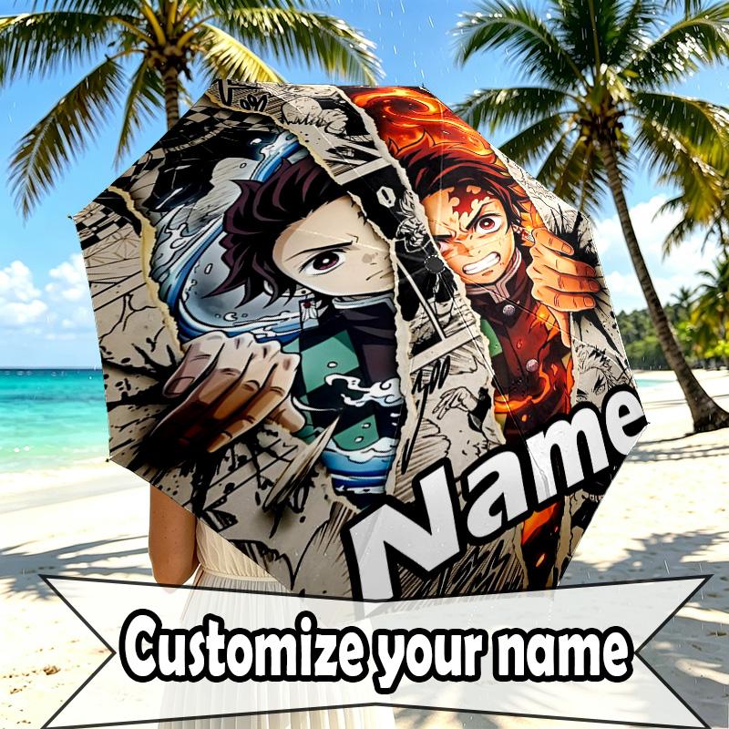 Custom Name Personalized Demon Slayer Print Umbrella, Auto Open Close, 8‑Rib Sturdy Frame, Commute Camping Hiking Use, Birthday Gift