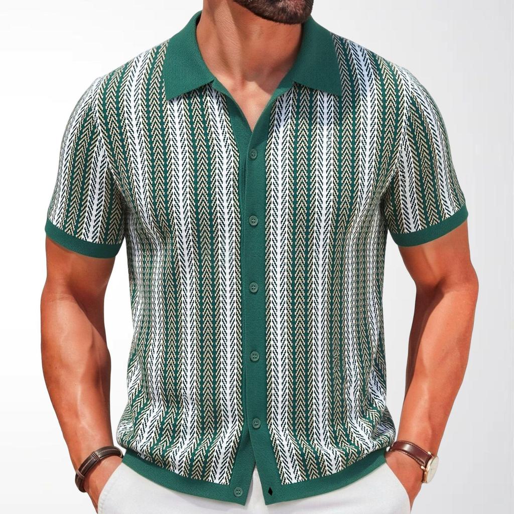 Men's Summer Striped Jacquard Business Polo Shirt - Trendy Short-Sleeved Knitwear