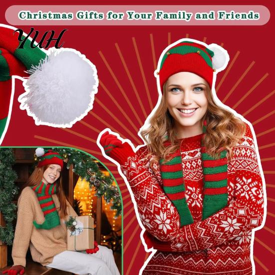 Outdoor Hiking And Travel Wear Christmas Hat Scarf Gloves Set, Knitted Xmas Elf with Jingle Bells, Three Piece Winter Set Pompom Warm for Adults,