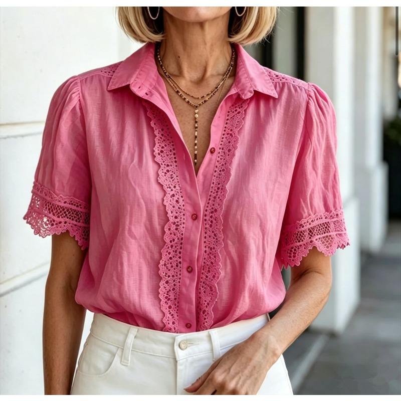 Sommer Spitzenhemd Damen Locker Übergröße Kurzarm Lässig Süß Locker Bluse Elegant Mode Revers Büro Oberteile Hohl Damen Einfarbig Kleidung