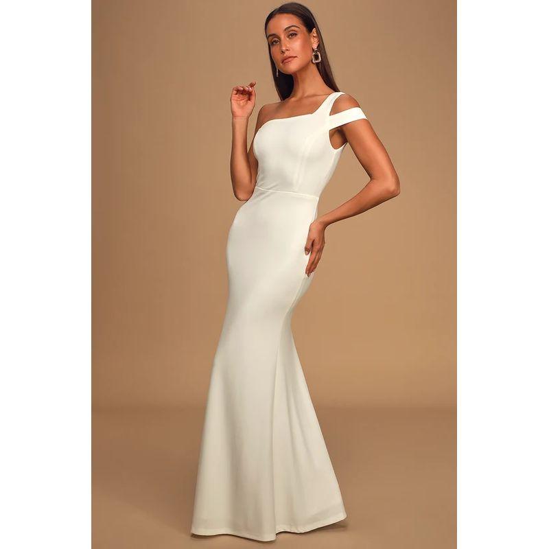 

Export Adult Lady like Woman New Arrival Lu Home Stylish off-Shoulder Slim-Fit Figure Flattering Elegance Gentle Host Banquet Party Elegant Dress Pearl White XL