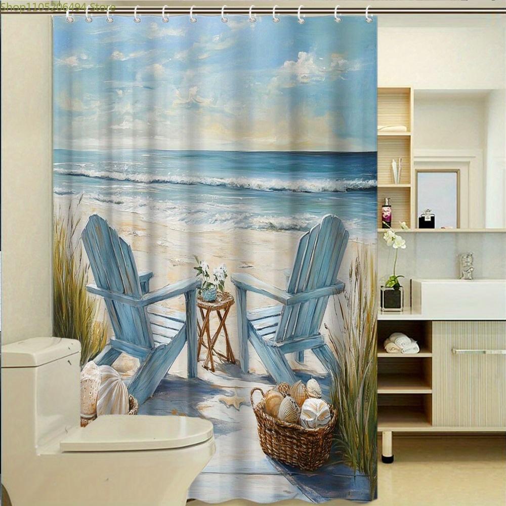 1pc Coastal Adirondack Shower Curtain with Beach Scene - Sky Blue Chairs, White Flowers, Seashell Baskets & Ocean View - Soft