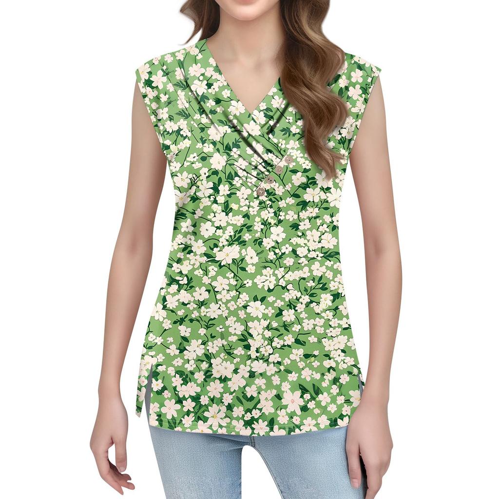 Women's Print Tank Top Button-down V-neck T-shirt Sleeveless Loose Fashion Top