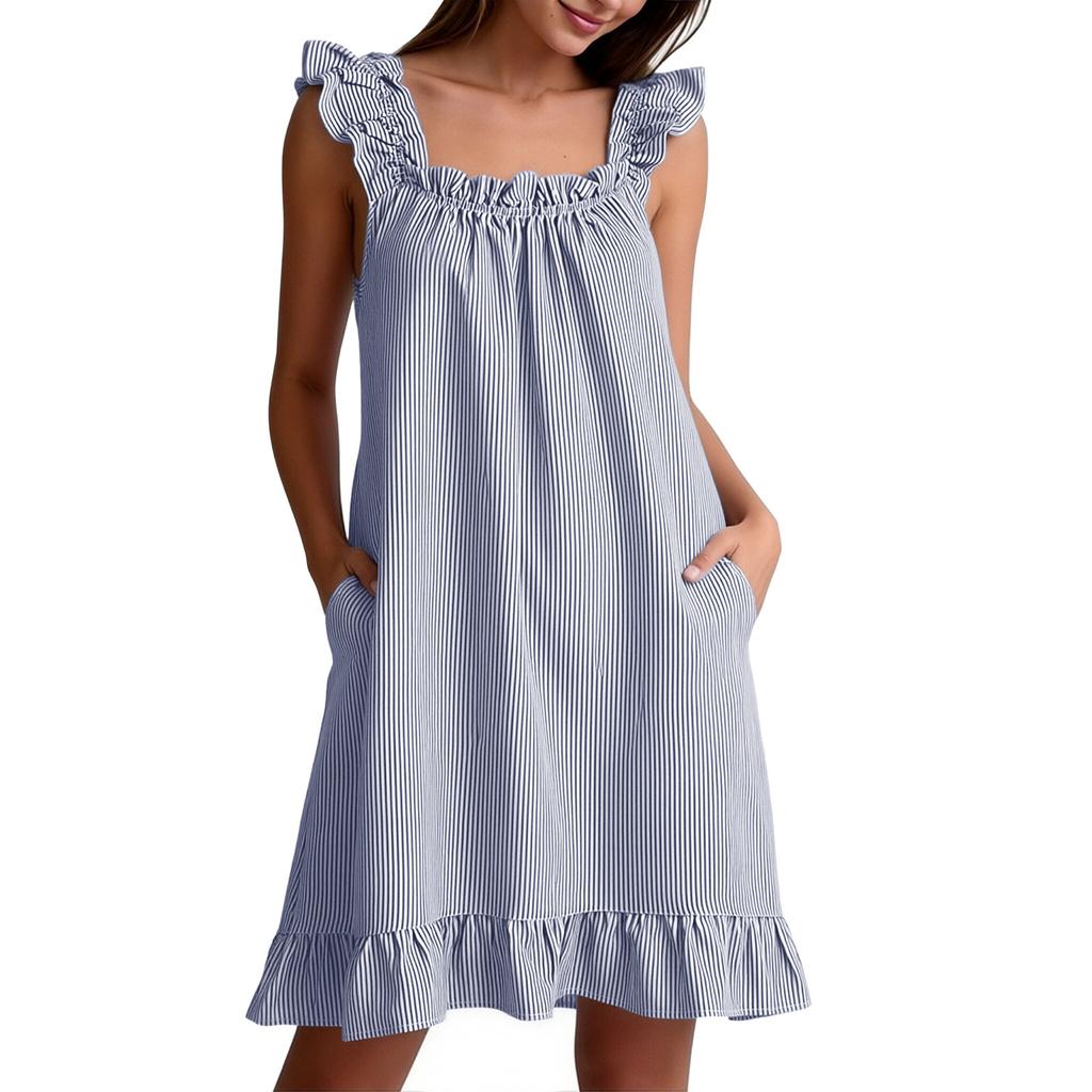Women's Sleeveless Striped Nightgown with Ruffle Trim and Pockets, Loose Fit Casual Sleep Dress for
