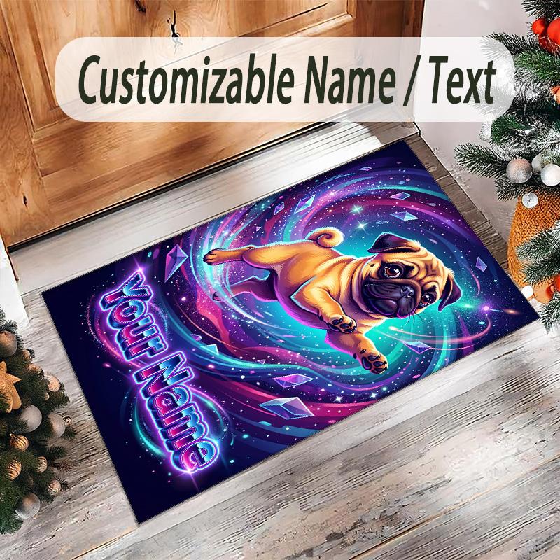 Pug Theme Crystal Velvet Floor Rug Personalized Custom Name Text Warm Carpet Home Decoration