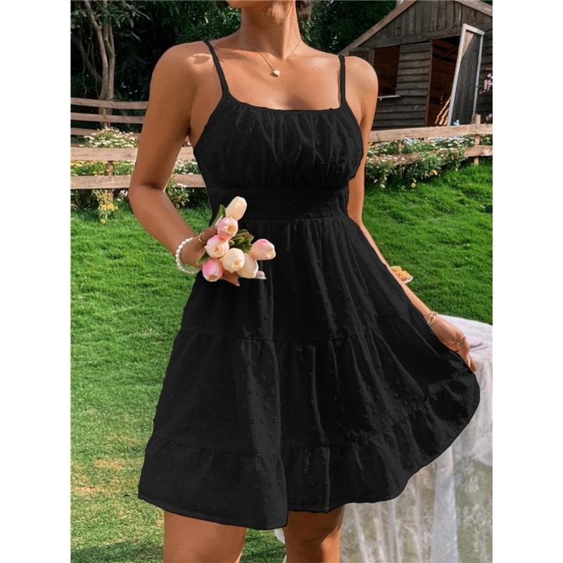 Women's Summer New Polka Dot Suspender Waist Dress Loose Simple Casual Solid Color Skirt