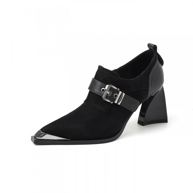 7.5CM Womens Pointed Toe Chunky Heel Loafers Fashion Simple Elegant Fall Single Shoes