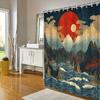 1Pc Japanese Ukiyo-E Inspired Shower Curtain, Polyester Fabric, Mountain Landscape With Red And White Suns, Ocean Waves, Include