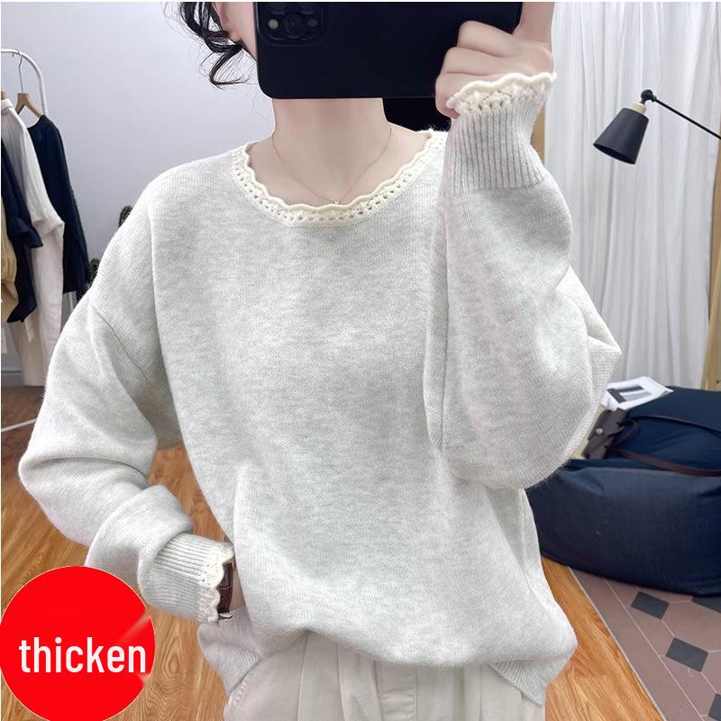 Damski sweter z koronkowym kołnierzykiem i kolorowym blokiem kolorów, odmładzający – jesień i zima, gruby, luźny krój, kolekcja 2025