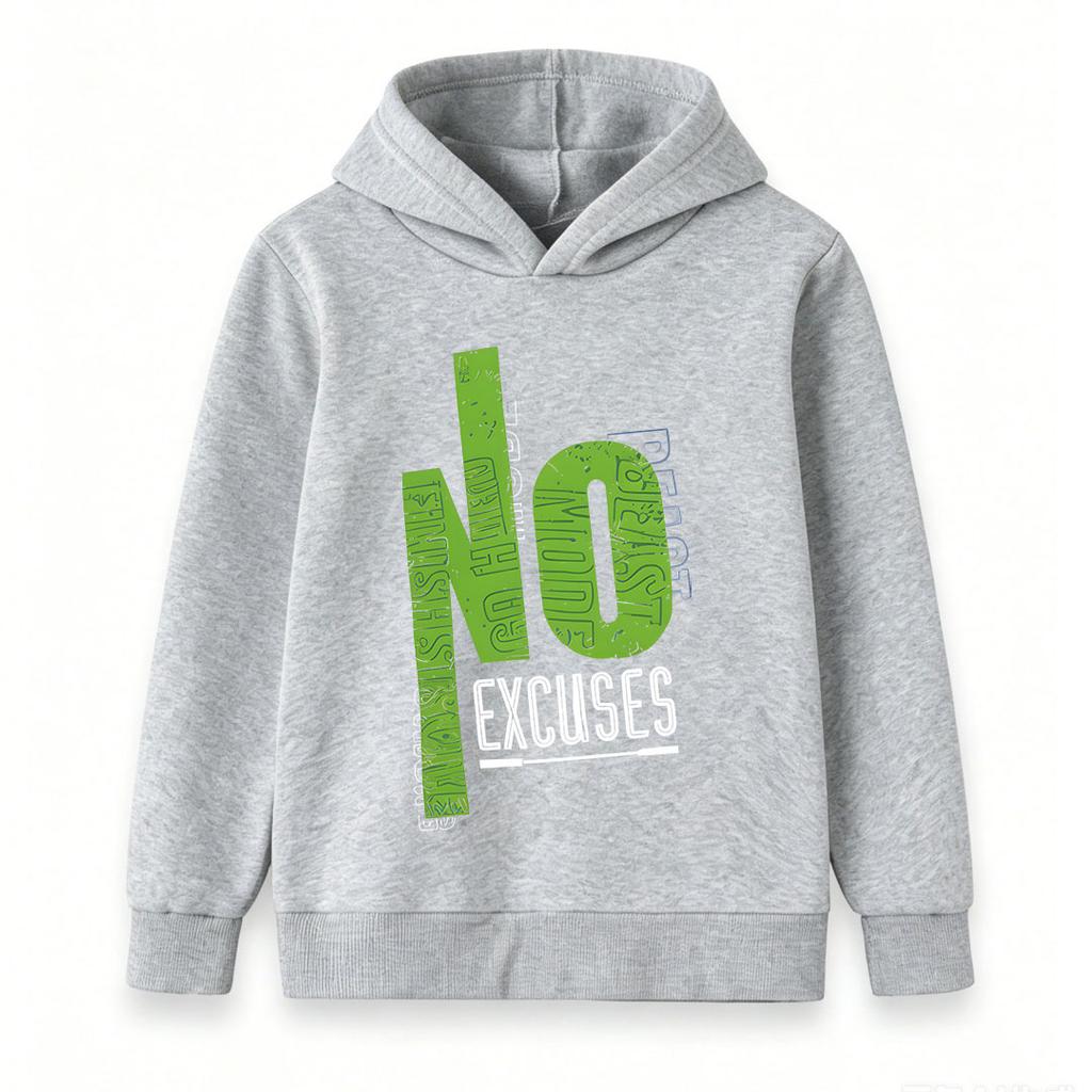 Unisex Kids Boys Girls Pullover Hoodie Sweatshirt, No Excuses Slogan Print Casual Soft Long Sleeve Hooded Top for Daily School Sport Wear, Ages 3-12 Y