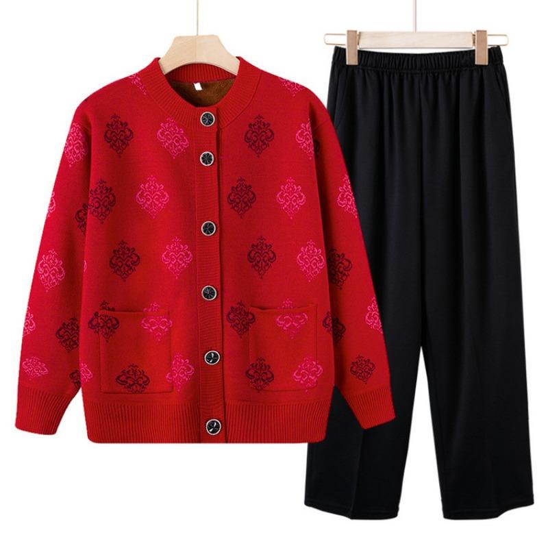 Grandma Autumn and Winter Plush Sweater Cardigan Middle-aged and Elderly Women's New Mother's Knitted Sweater Jacket Thickened Top