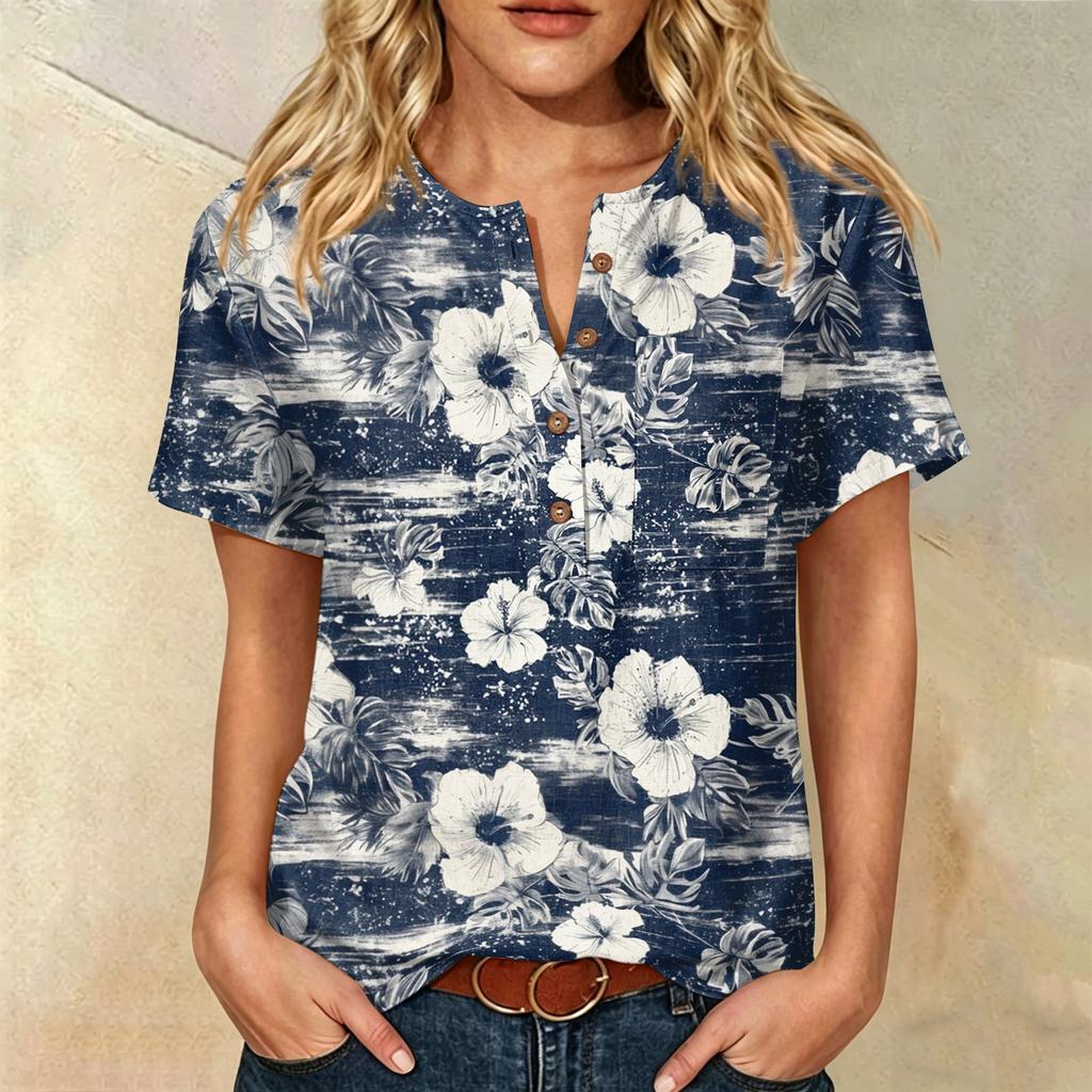 Damen Kurzarm Hemd aus Leinen-Baumwollmischung Henley Knopfleiste Brusttasche Blumendruck Lässiges Sommer Top