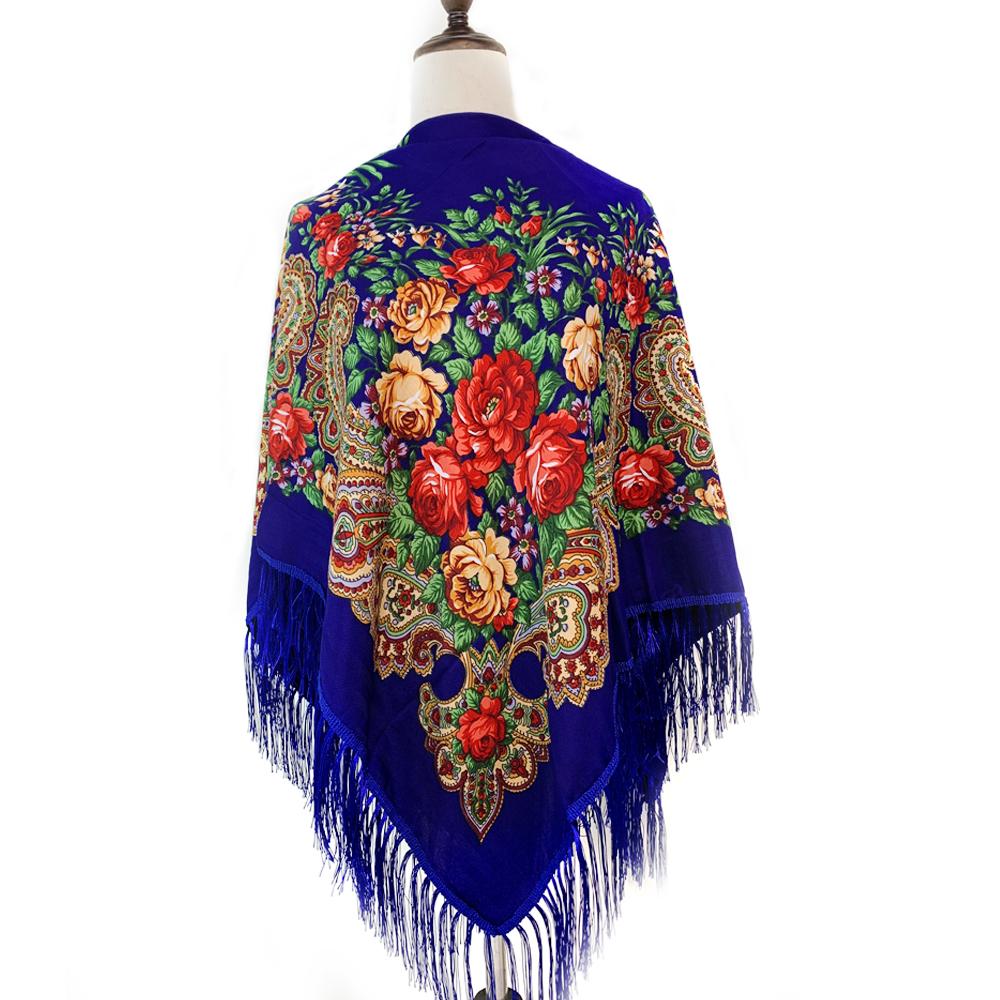 135*135Cm Russian Style Square Scarf For Women Luxury Floral Print Bandana Head Scarves Lades Fringed Shawl Headwraps Foulard