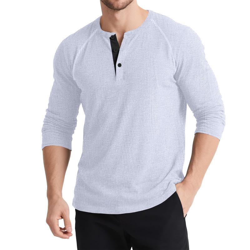 Men's Autumn and Winter Long-sleeved Henley Shirt Retro T-shirt Three-button Color Matching Sweater