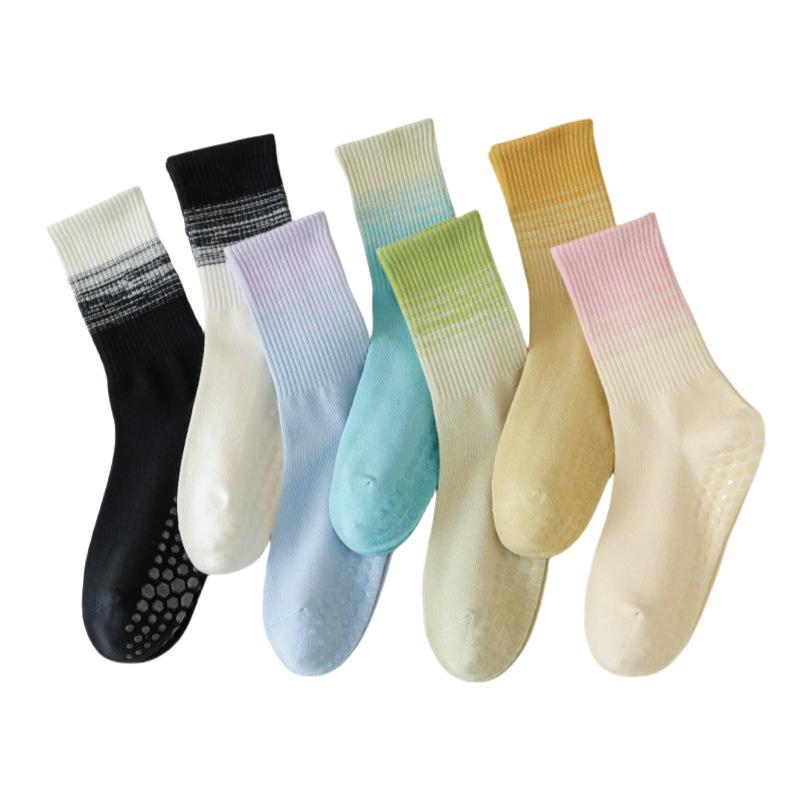 Women's Gradient Yoga Socks: Sweat-Absorbent Mid-Calf, Non-Slip Silicone, Versatile for Pilates and Fitness, Cotton Blend