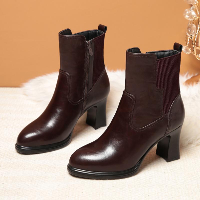 High-heeled Small Short Boots Women's Velvet Leather Shoes Soft Leather Thick-heeled Mother Cotton Shoes Versatile Catwalk Boots