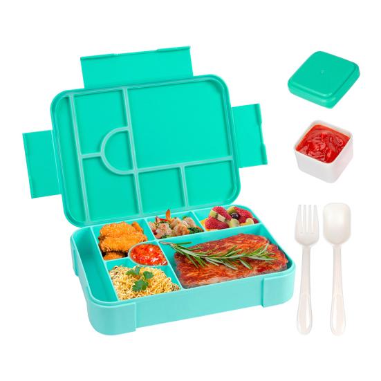 Bento Lunch Box Leak Proof 6-Compartment Lunch Box with Spoon Fork Sauce Cup BPA-Free Food Container for School Snack Container