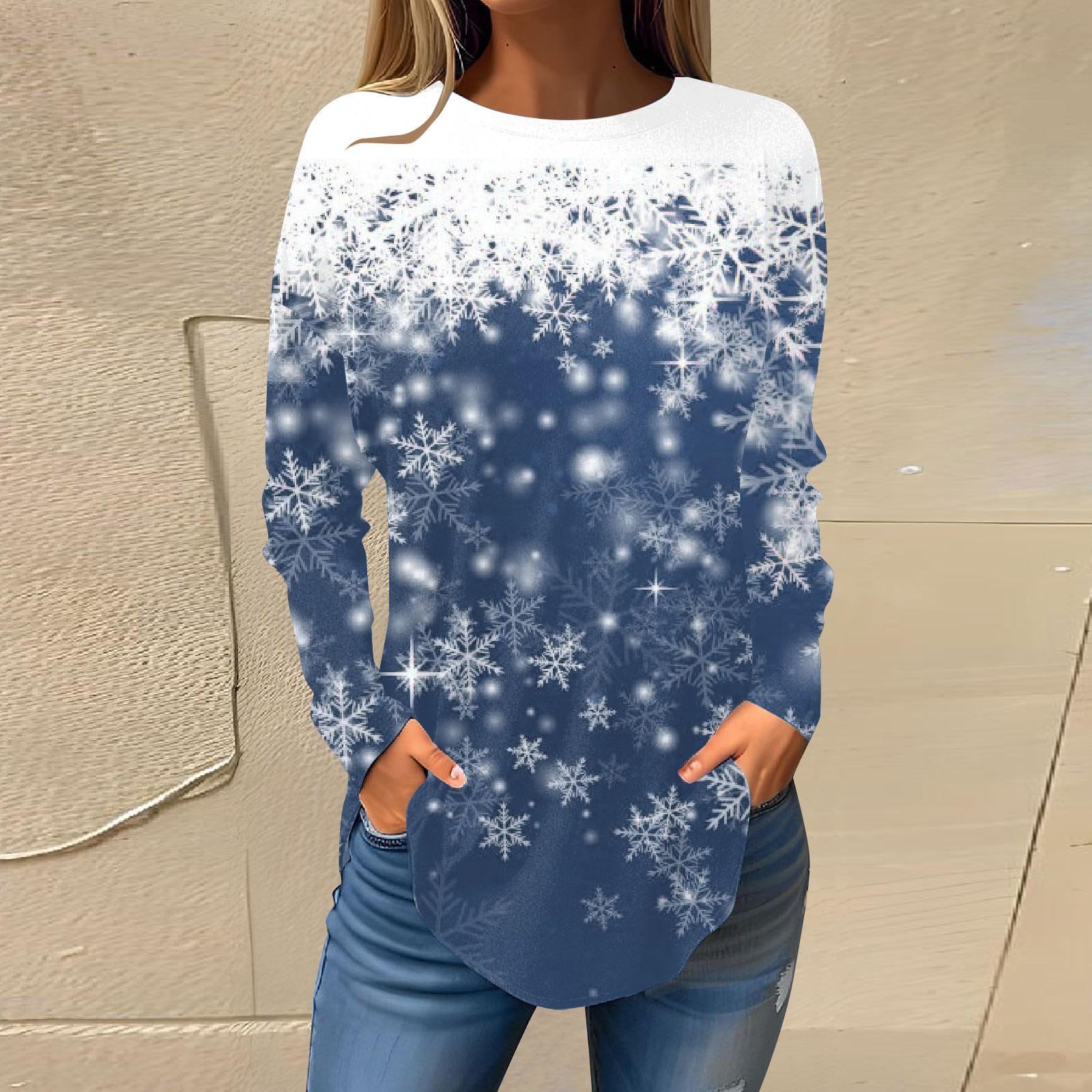 

Футболки для женщин, осенние повседневные рубашки с длинными рукавами, толстовка с ретро-принтом, топ для рождественской вечеринки, пуловер XXXL