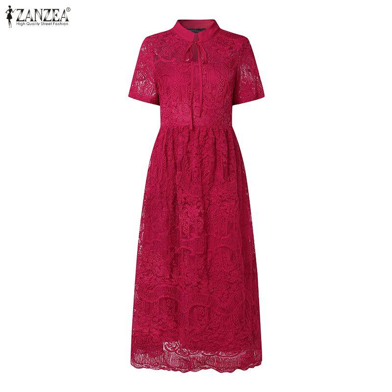ZANZEA Women Elegant Hollow Lace Patchwork Casual Short Sleeve Dress