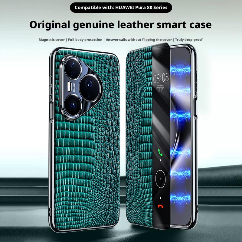 Premium Genuine Leather Crocodile Case For Huawei Pura 80 Ultra/ 80 Pro/80 Pro Plus/80 Magnetic Smart Window Anti-drop Cover