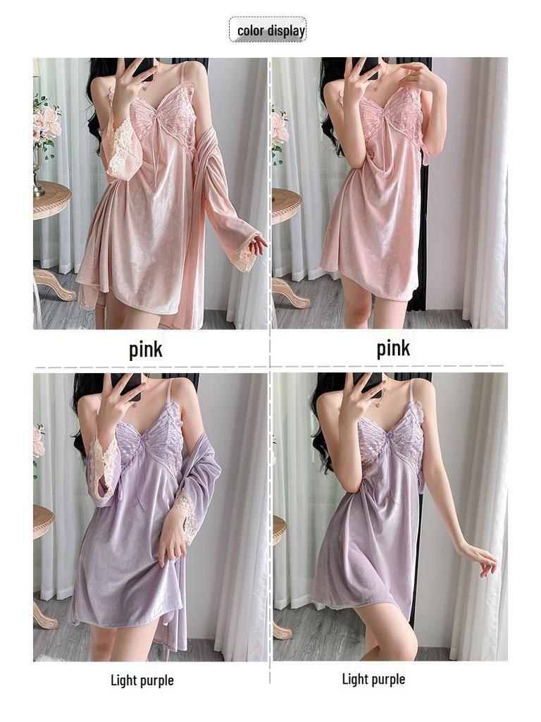 Women's Gold Velvet Butterfly Lace Pajama Set – Camisole and Beautiful Back Sleepwear with Chest Pads for Autumn/Winter.