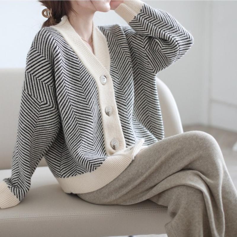 Stripe Print Casual Fashion Knit Cardigan V-nevk Patchwork Long Sleeve Button Down Breathable Sweater Coat Vintage Loose Thicken Soft Cardigan Coat