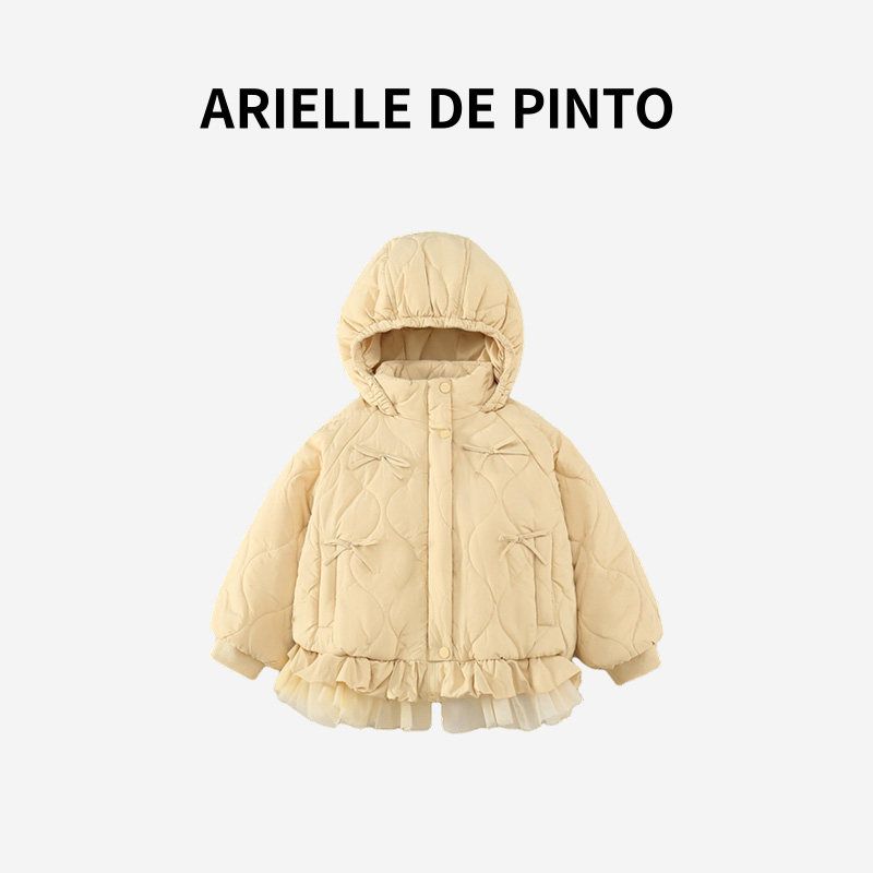 French Arielle De Pinto Girls  Cotton Coat Winter Fleece-Lined Thickened Korean Style Hooded Cotton Jacket with Bow and Lace Trim Yellow Cotton Coat 130