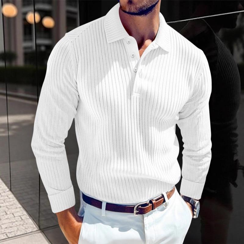 2025 New Men's T-shirt Knitted Lapel Business Button Slim Long-sleeved Polo Shirt