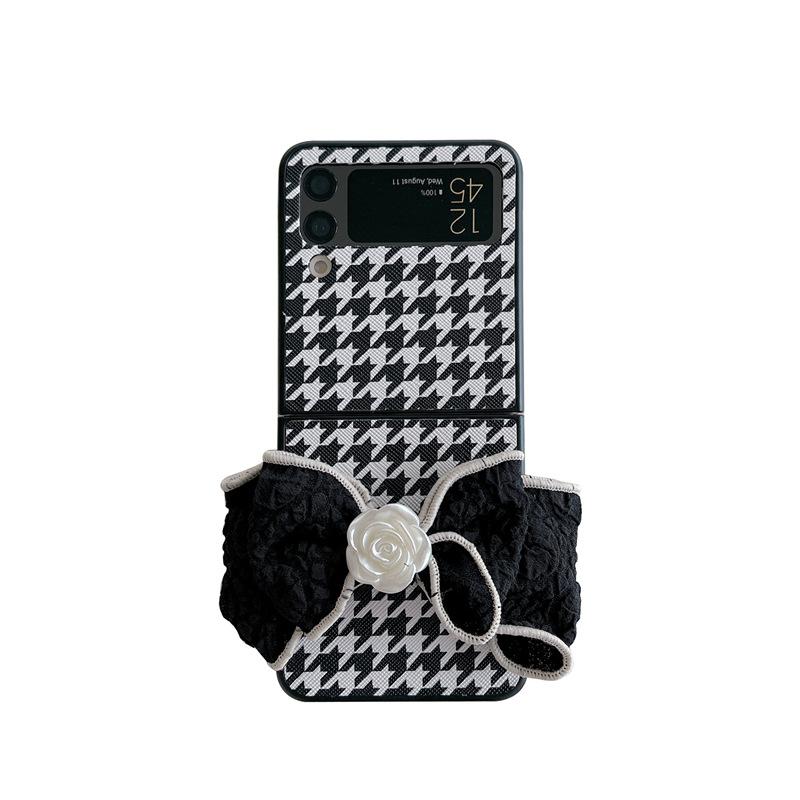 Applicable to Samsung ZFlip3 plaid folding mobile phone case, Japanese and Korean zflip4 generation bow leather hard case protective case