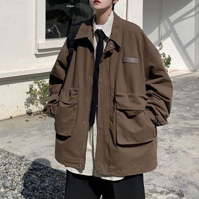 Vintage Solid Color Japan Style Coats Autumn Long Sleeve Loose Men's Clothing Polo-Neck Safari Style Casual Zipper Basic Jackets