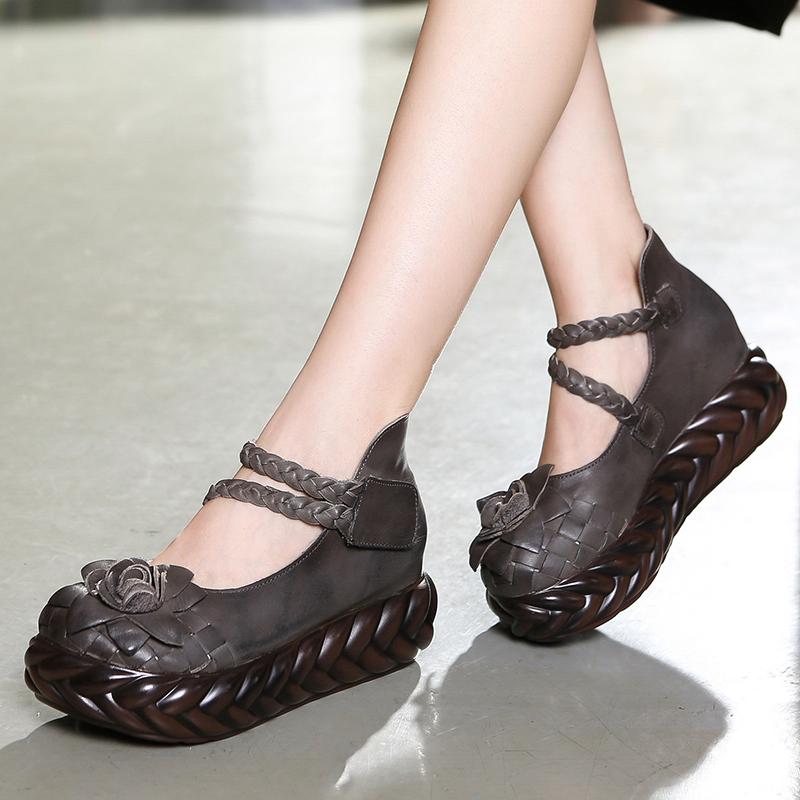 Fashion GKTINOO Women Leather High Heels Wedge Shoes Flower 2025 Autumn Pumps Women Genuine Leather Handmade Mary Jane Pumps Platform