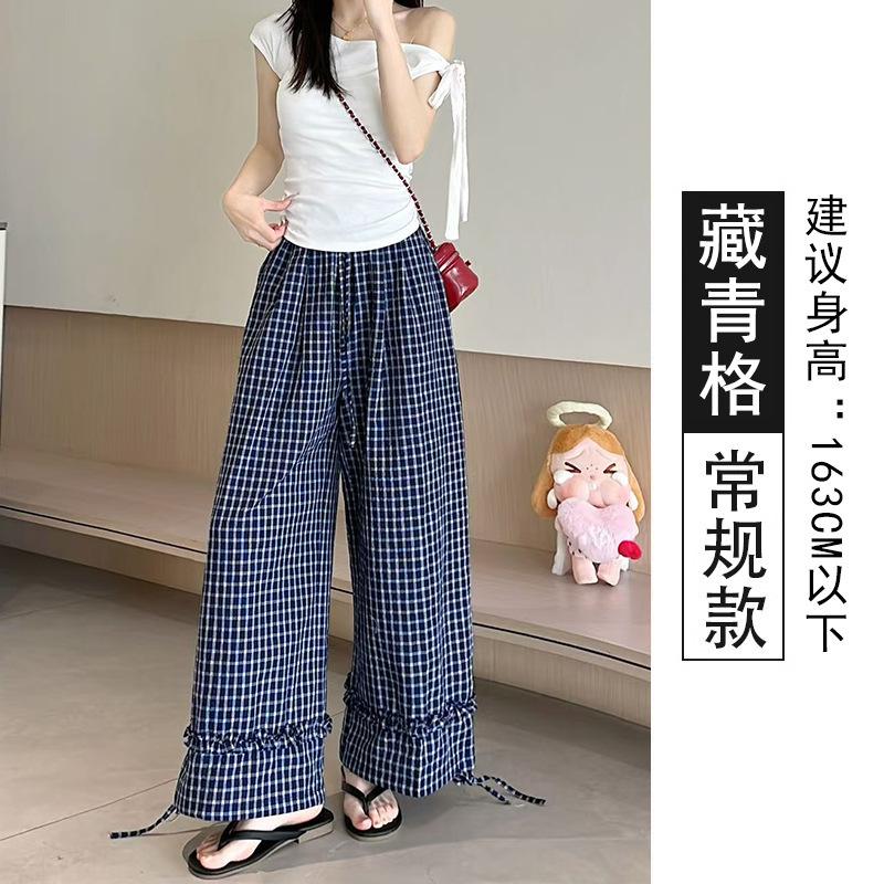 American retro spring and autumn new lazy high street loose graffiti print plaid daily casual wide-leg trousers