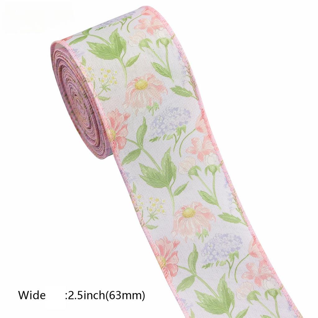 Floral Printed Ribbon with Wire Edges, 5 Yards 6.3cm Wide Polyester Craft Ribbon for Gift Wrapping & Decor