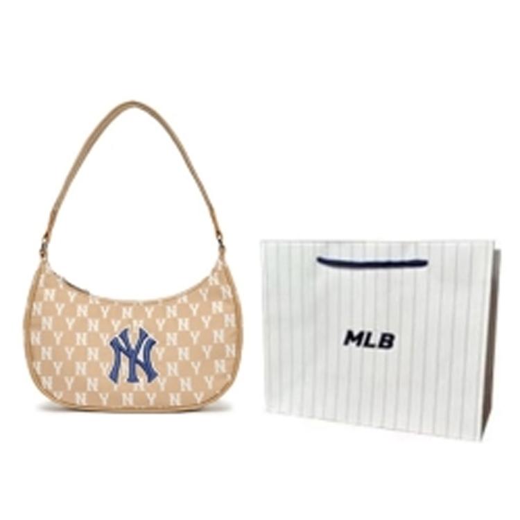 New MLB Monogram Collection Artificial Leather Polyester Shoulder Bag, Pochette, Shoulder Bag Women's Cream Latte 3ABQS012N-50BGD