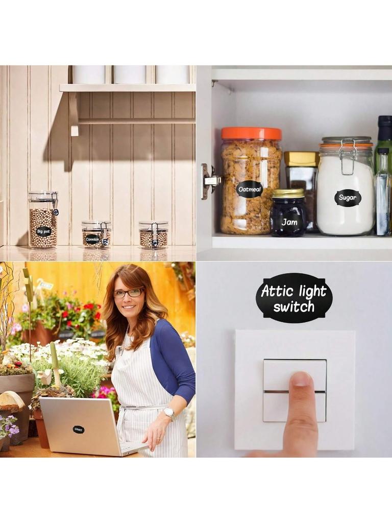 Black Waterproof Reusable Label Stickers With White Chalk For Mason Jars, Craft Room, Storage Spaces, Glass Bottles,Organization