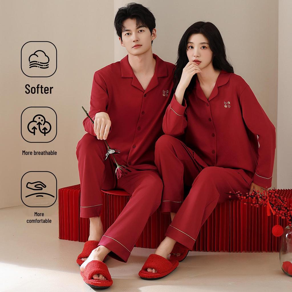 Unisex Wedding Couple Pajamas: Festive Red Pure Cotton Cardigan Set for Spring and Autumn