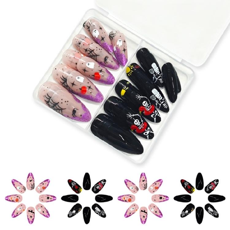 

Artificial Nail Almond French Tips Fake Nail Acrylic Nail Spiders Web Stick on Nail for Women Halloween Press on Nail 1