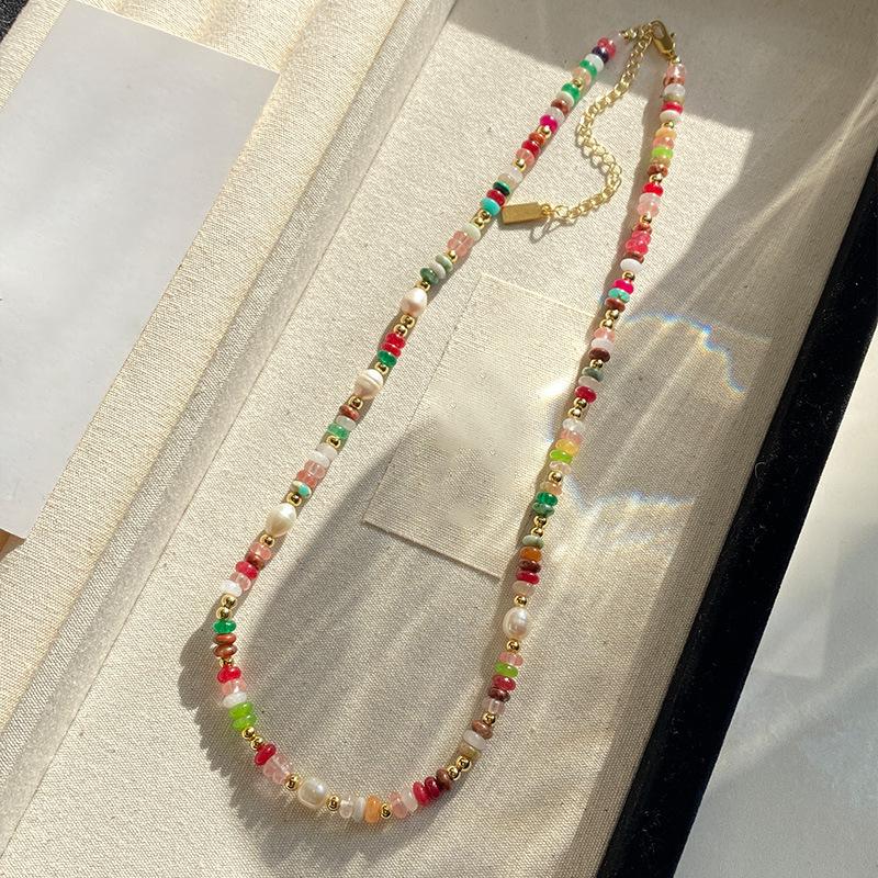 Freshwater Pearl Mixed Color Natural Stone Bracelet Summer Dopamine Necklace Temperament Shoushan Stone Agate Collarbone Chain
