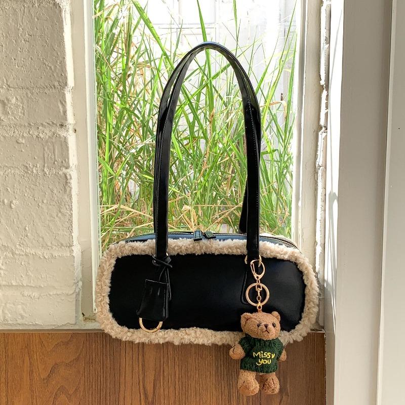 

Винтажная плюшевая сумка-ниша багет подмышку из овечьей шерсти в стиле пэчворк женская сумка на плечо чёрный