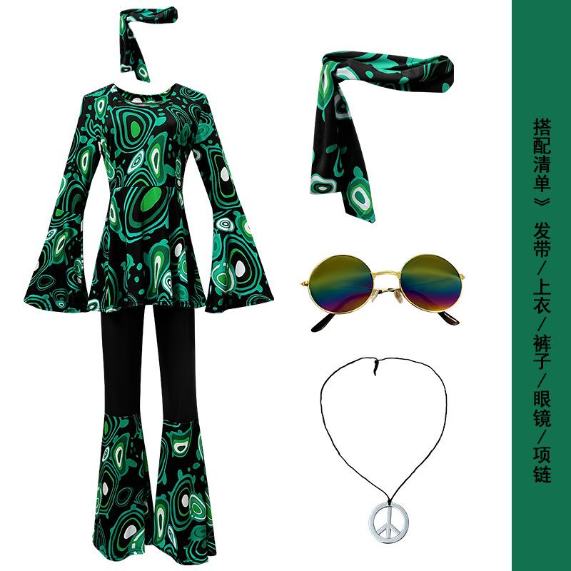 New Multi-color Printed Top, Pants Splicing Set, Including Headscarf, Disco Dance Suit Women