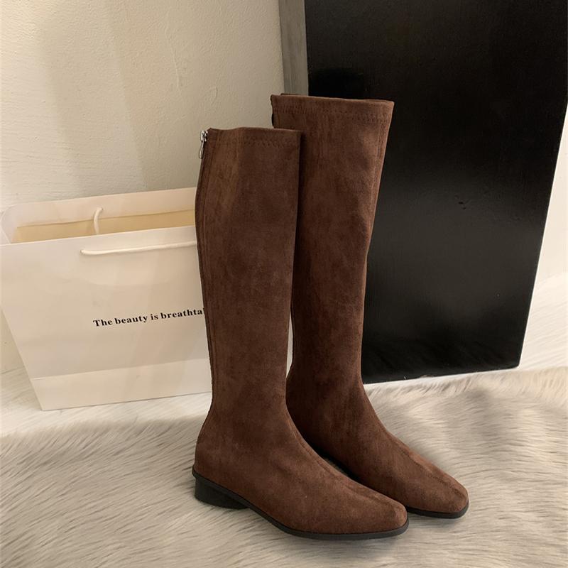 Mote Vinter Vintage Slanke Dame Knehøye Støvletter Designer Tykke Hæler Sko Moderne Lange Støvletter For Kvinner