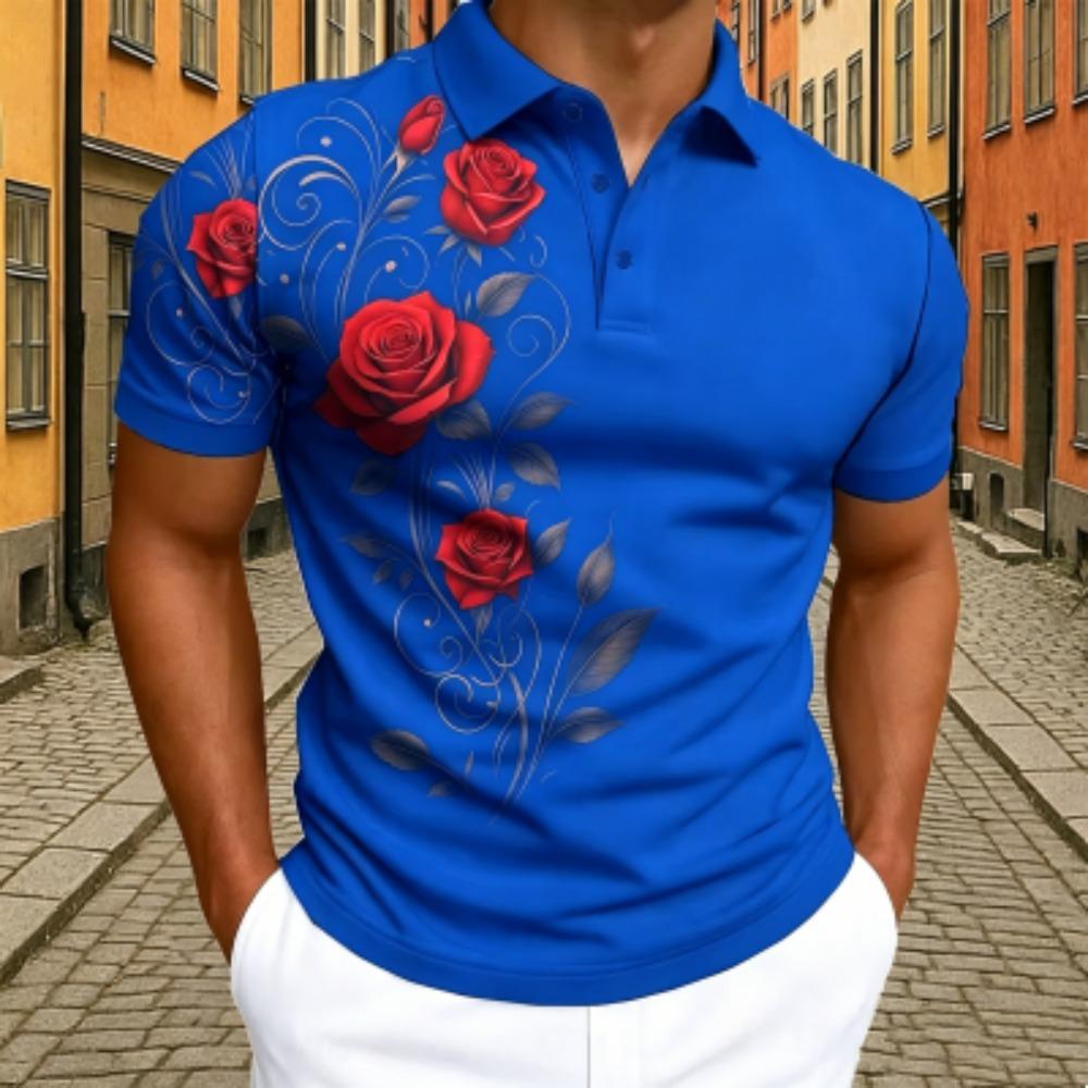 Elegantes Rotes Rosen-Blumenmuster Poloshirt Herren Outdoor Street Kurzarm T-Shirts Oberteil Sommer Zuhause Lässiges T-Shirt Herren und Damen Poloshirt