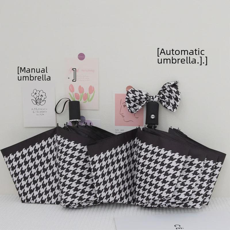 Automatic Three-Fold Houndstooth Umbrella with UV Protection